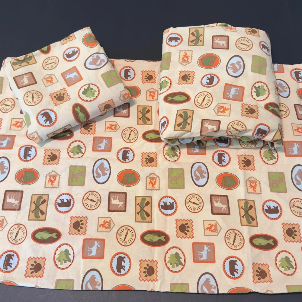 Vintage Woolrich kids 3pc Twin Sheet Set Nature Outdoor Camping Badge Bedding